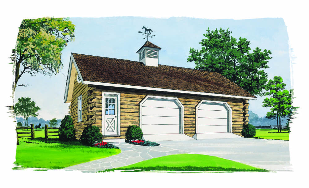 Two car garage log cabin design, exterior door, octagonal window.