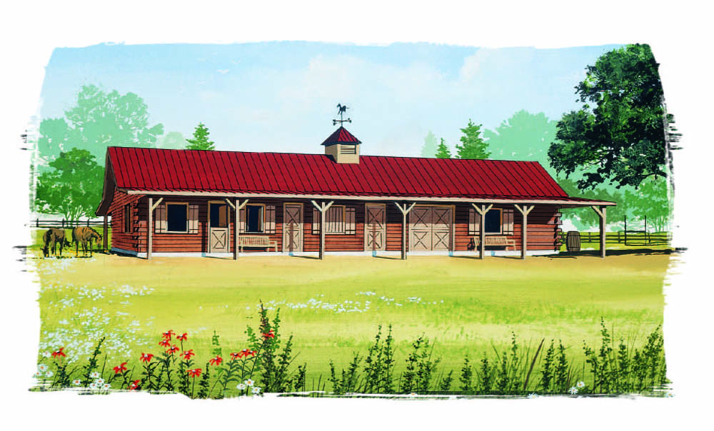 Log cabin stable for keeping horses. Red metal roof, shed porch overhang to provide shade.