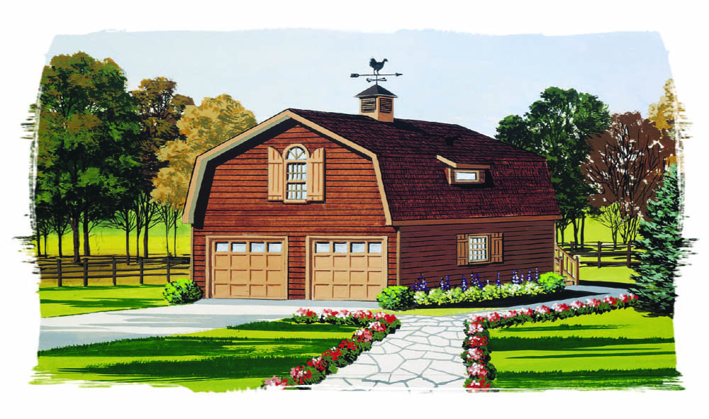 Two story garage with living space above garage. Two car garage, dormer windows, shutter windows, exterior stair case.