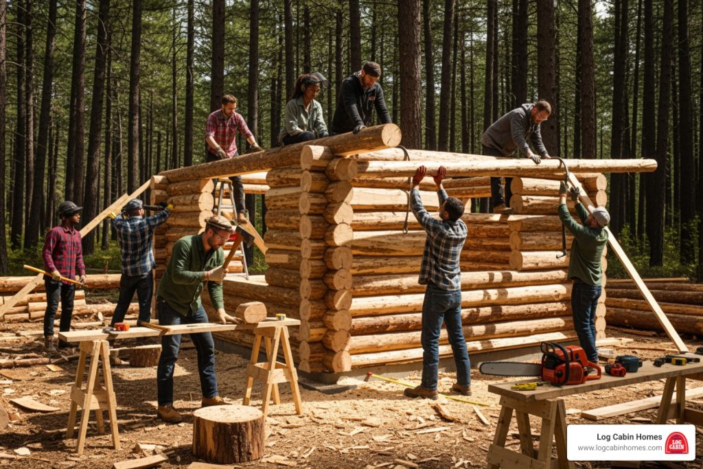 Log cabin construction crew assembling handcrafted log home walls during the building process in a forest setting.