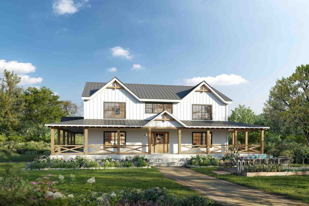 Modern farmhouse home with wraparound porch, board and batten siding, black metal roof, and spacious country-style design.