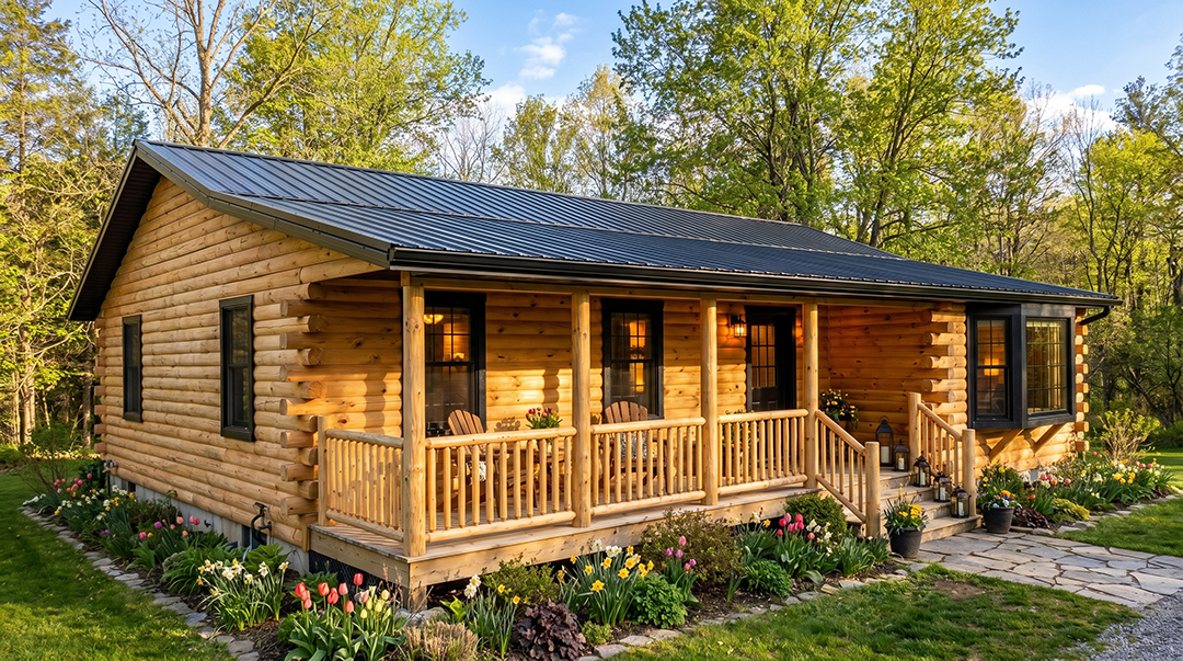 Single-story Albemarle log home exterior featuring a dark metal roof, a covered front porch with log railings, a side bay window, and a flagstone walkway surrounded by colorful flower gardens.