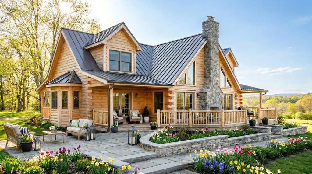 Two-story Shenandoah Valley log home showcasing a dark metal roof, an attached wood deck with log railings and an outdoor stone fireplace, leading down to a flagstone patio with landscaped garden beds.