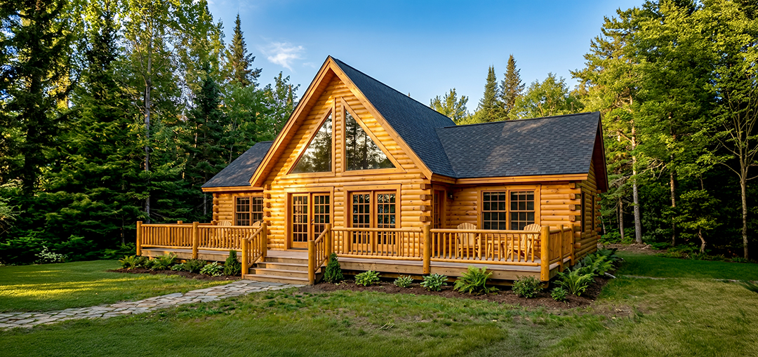 Blue Ridge I log cabin home exterior with covered front porch, large gable windows, wood railing, and wooded setting