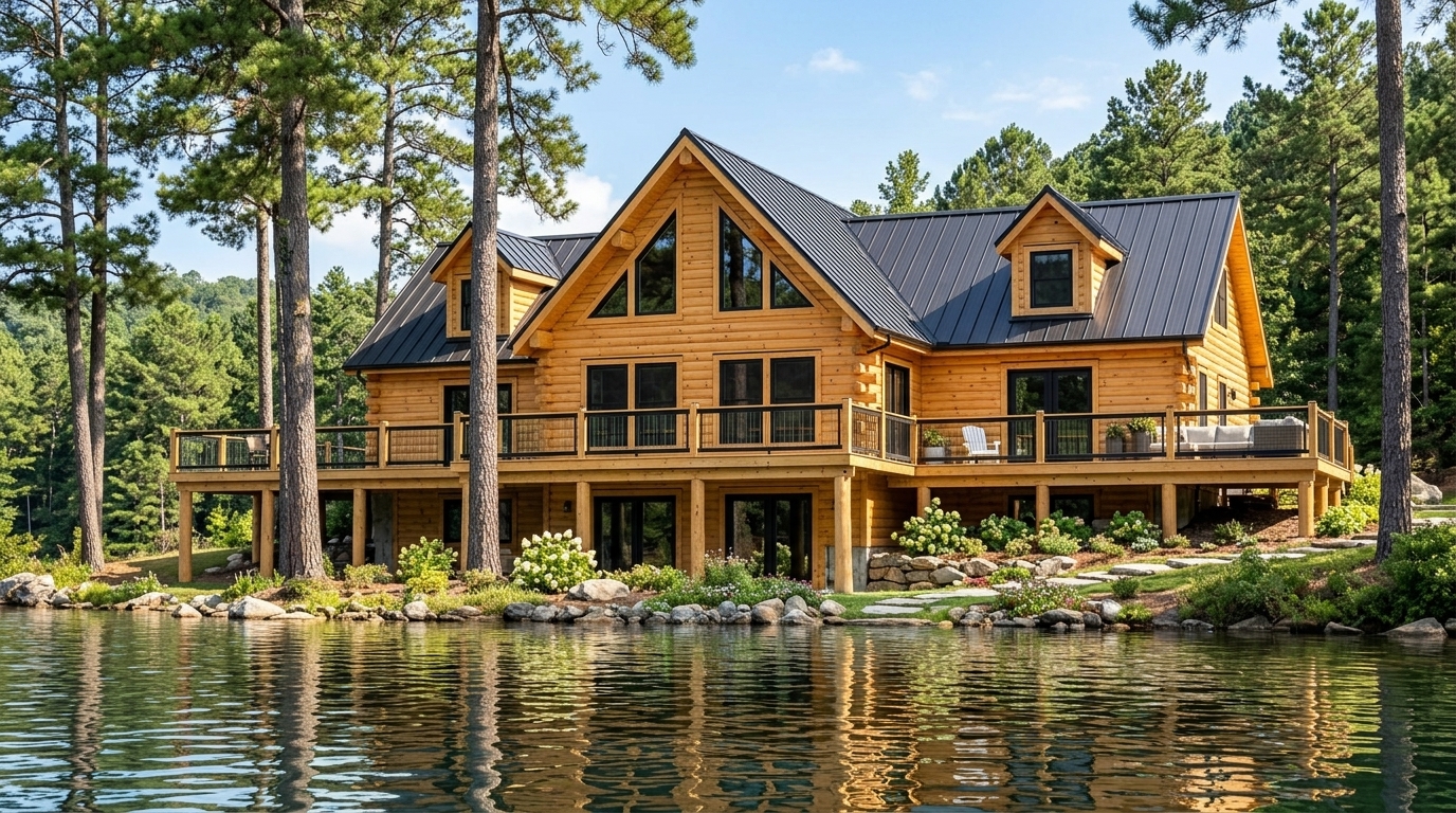 Blue Ridge II Lake View log cabin home with wraparound deck, black metal roof, large windows, and scenic waterfront setting surrounded by pine trees.